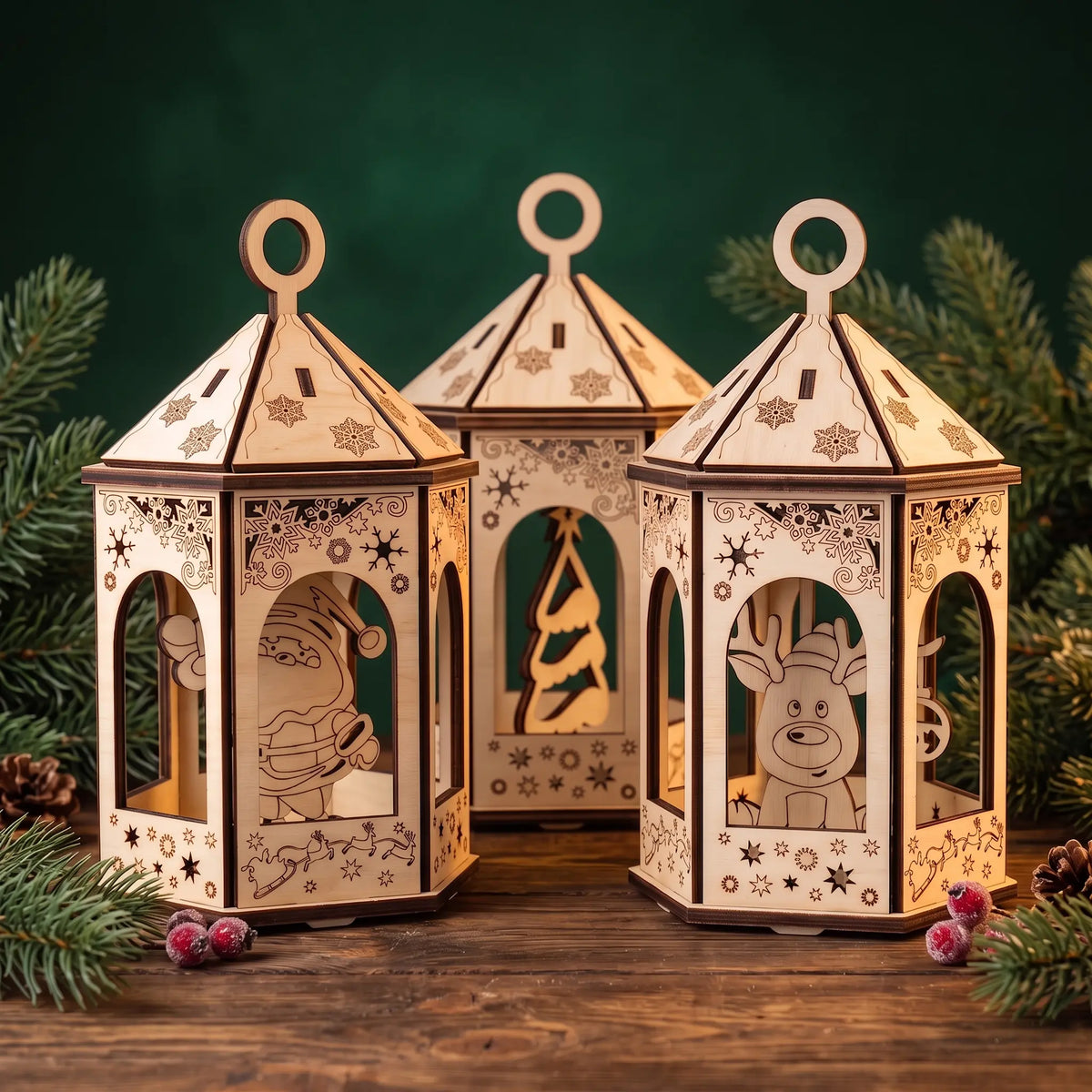 Trio of laser cut plywood holiday lanterns with Santa, reindeer, and tree silhouettes on rustic table with pine.
