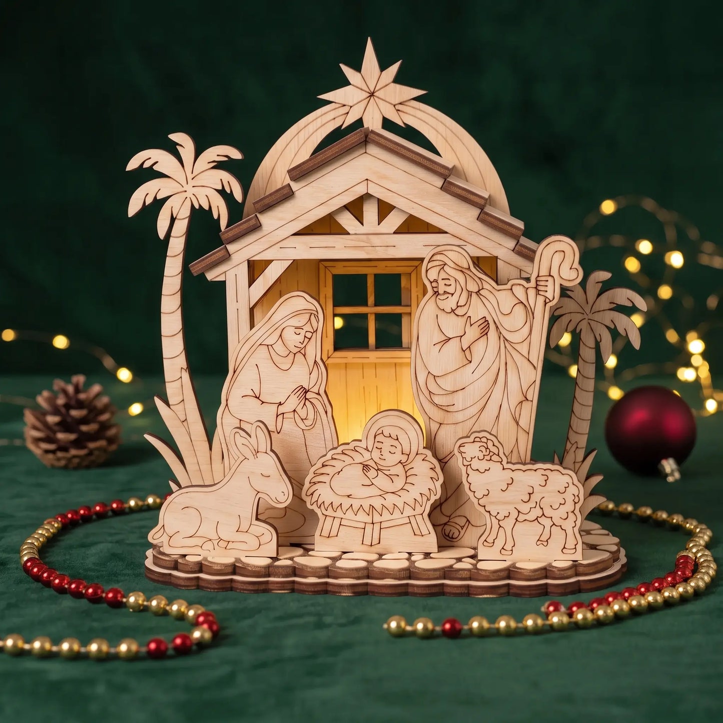 Laser cut plywood nativity scene with holy family and stable on green velvet with beaded garland and fairy lights.