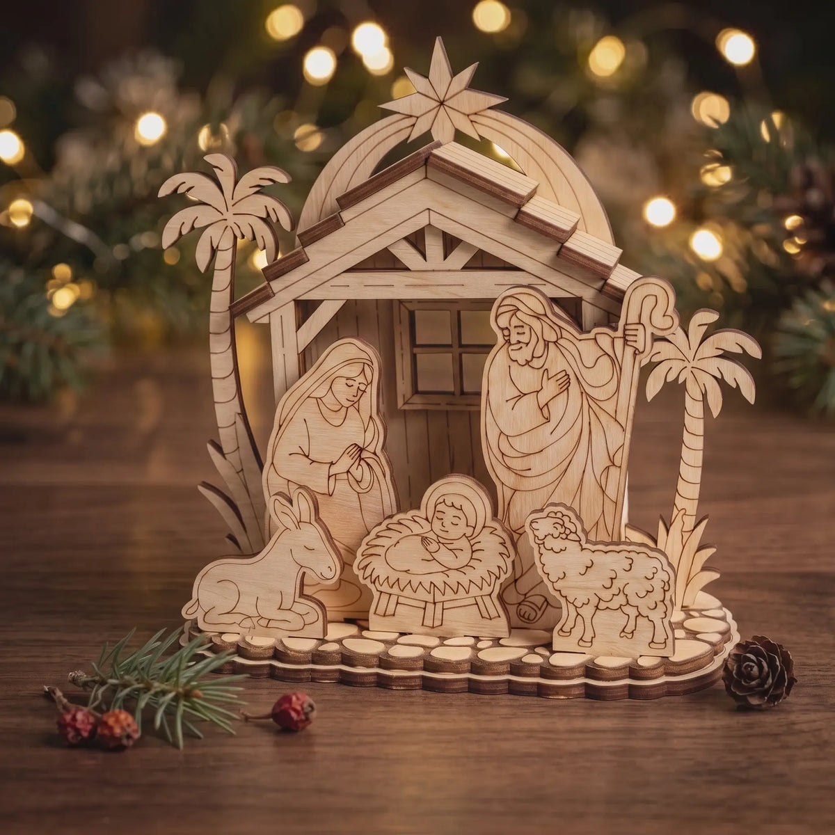 Assembled laser cut plywood nativity scene on wooden table with pinecones, berries, and warm Christmas tree lights.