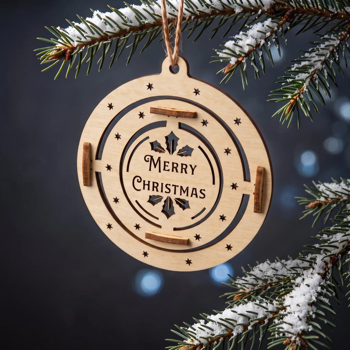 Flat laser cut plywood Merry Christmas bauble with star cutouts hanging from snowy fir branch on dark backdrop