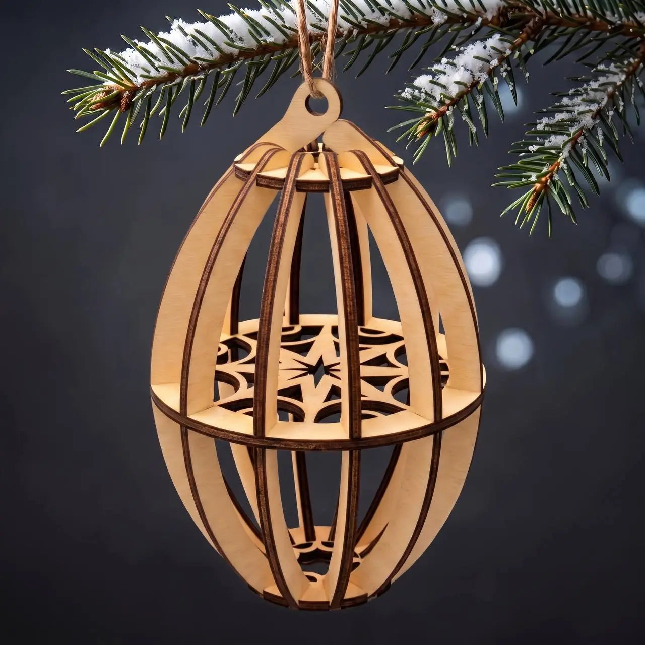 3D geometric laser cut plywood oval bauble ornament hanging from snow-dusted pine branches on a dark backdrop.