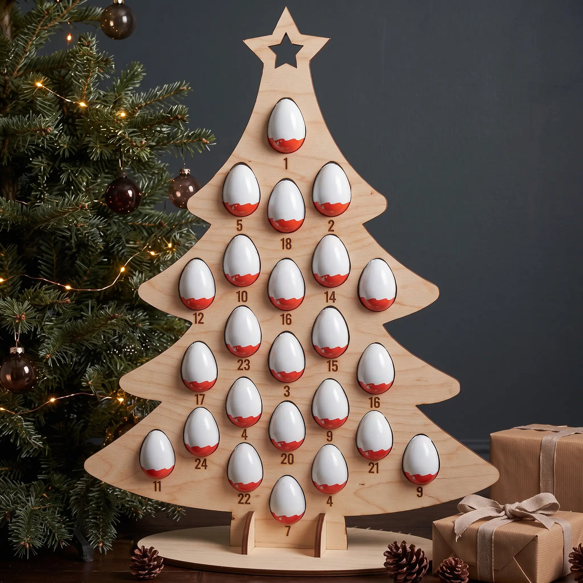 Laser cut plywood Christmas tree advent calendar holding chocolate surprise eggs near lit tree and gift boxes