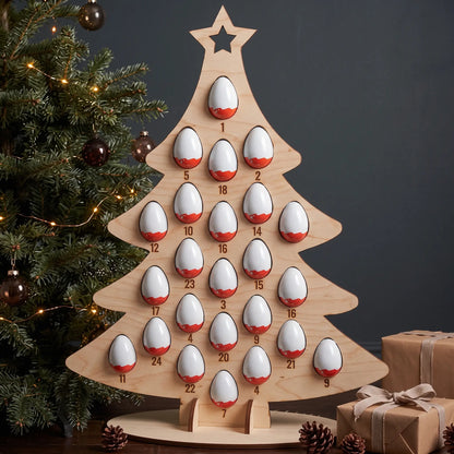 Laser cut plywood Christmas tree advent calendar holding chocolate surprise eggs near lit tree and gift boxes