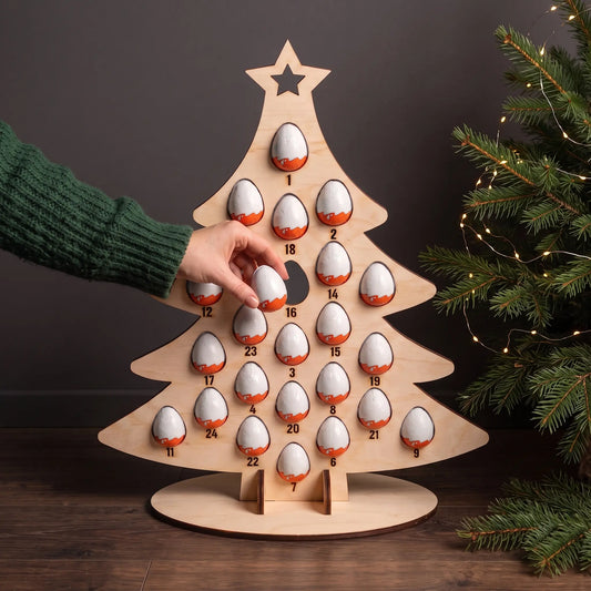 Hand takes chocolate egg from laser cut plywood tree advent calendar showing scale beside evergreen branches
