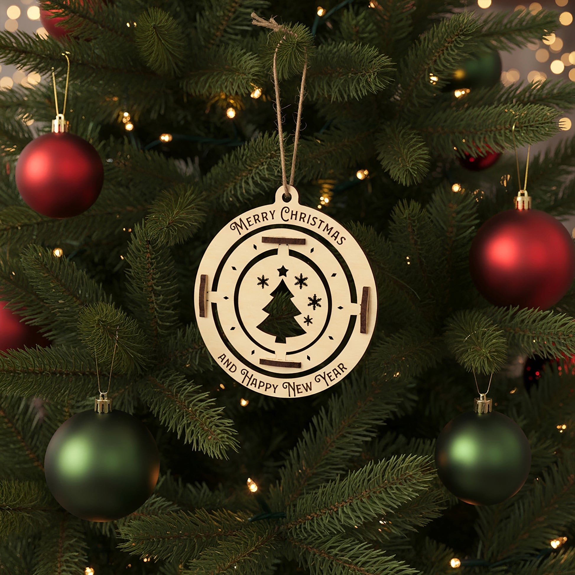 Interactive laser cut Christmas tree toy christmas tree featuring a rotating Christmas tree silhouette with snowflake details and festive greeting, set against a warm lighted Christmas tree background.