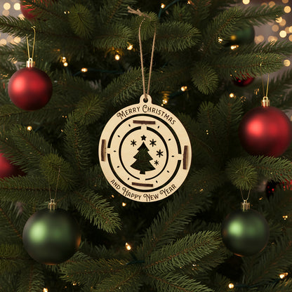 Interactive laser cut Christmas tree toy christmas tree featuring a rotating Christmas tree silhouette with snowflake details and festive greeting, set against a warm lighted Christmas tree background.