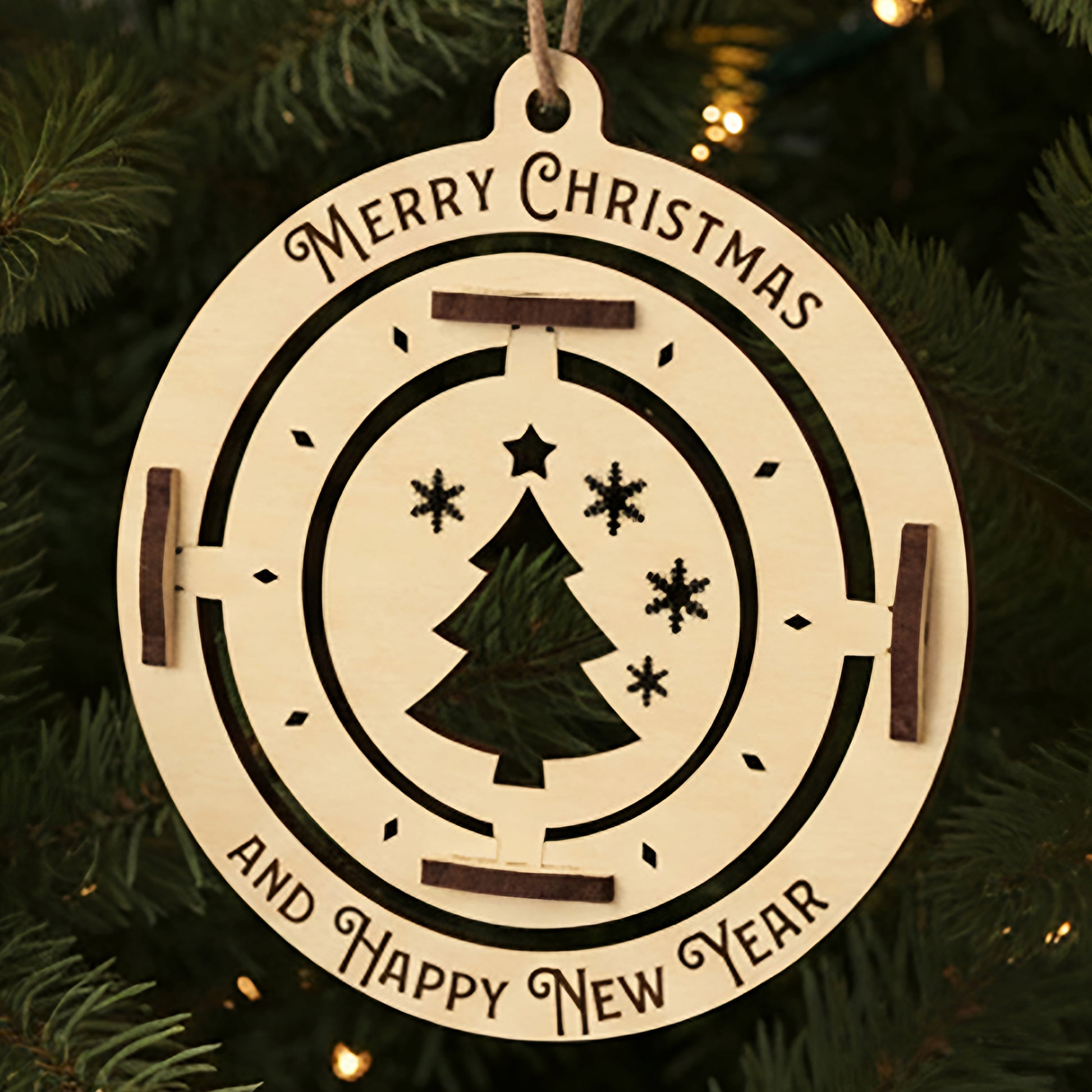 Laser cut wooden Christmas tree toy christmas tree with a spinning fir tree and falling snowflakes inside a round frame engraved "Merry Christmas and Happy New Year", displayed against a twinkling Christmas tree background.
