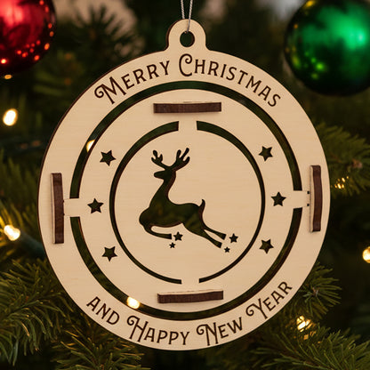 Laser cut wooden Christmas tree toy deer featuring a spinning reindeer silhouette inside a round frame with "Merry Christmas and Happy New Year" engraving, displayed against a festive lighted Christmas tree background.
