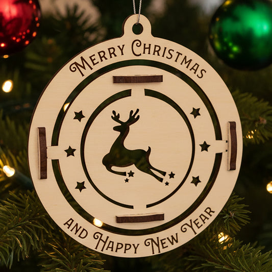 Laser cut wooden Christmas tree toy deer featuring a spinning reindeer silhouette inside a round frame with "Merry Christmas and Happy New Year" engraving, displayed against a festive lighted Christmas tree background.