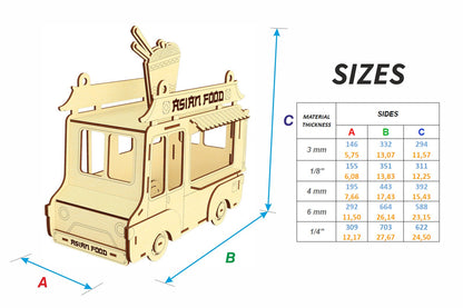 Wooden model of an Asian food truck with dimensions and material thickness chart on a white background