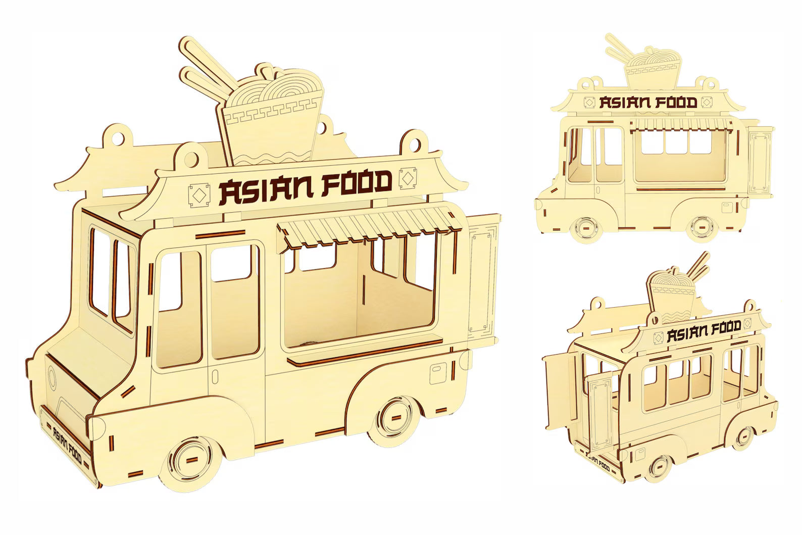 Wooden model of an Asian food truck on a white background