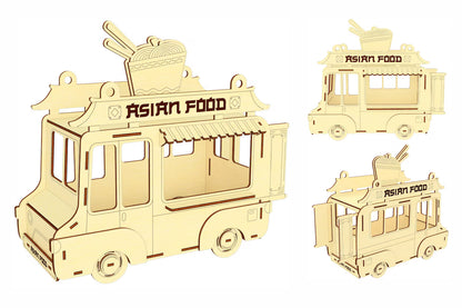 Wooden model of an Asian food truck on a white background