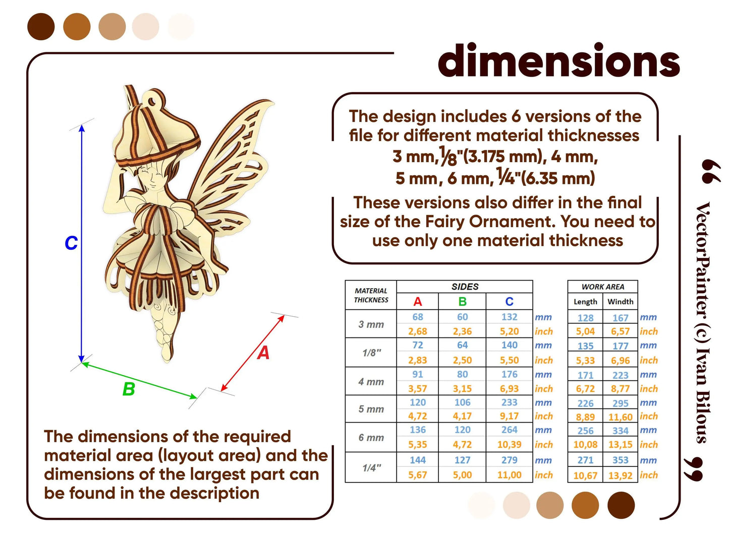 Dimension chart graphic showing layout size tables for a 3D laser cut plywood fairy ornament.