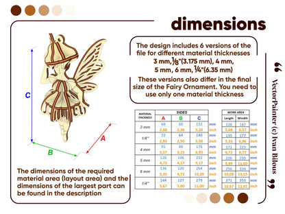 Dimension chart graphic showing layout size tables for a 3D laser cut plywood fairy ornament.
