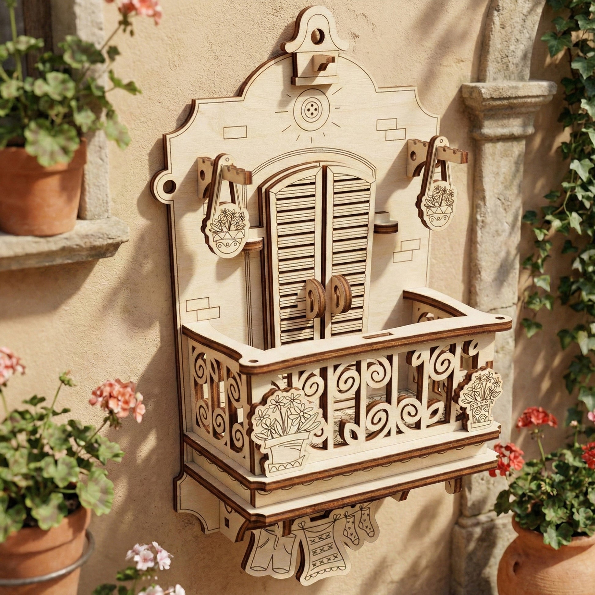 A decorative laser cut plywood Italian balcony model mounted on a warm plaster wall. It features slatted shutters, an ornate scrollwork railing with flower pot details, and tiny laundry shapes hanging below, surrounded by real terra cotta plants.
