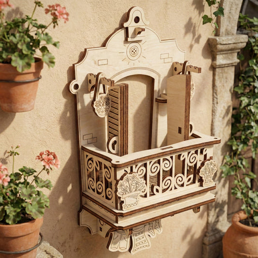 Detailed view of the laser cut plywood balcony with its hinged shutters swung open to reveal the interior space. The model shows dark burnt edges typical of laser crafting, with engraved brick patterns and hanging plant accents on either side.