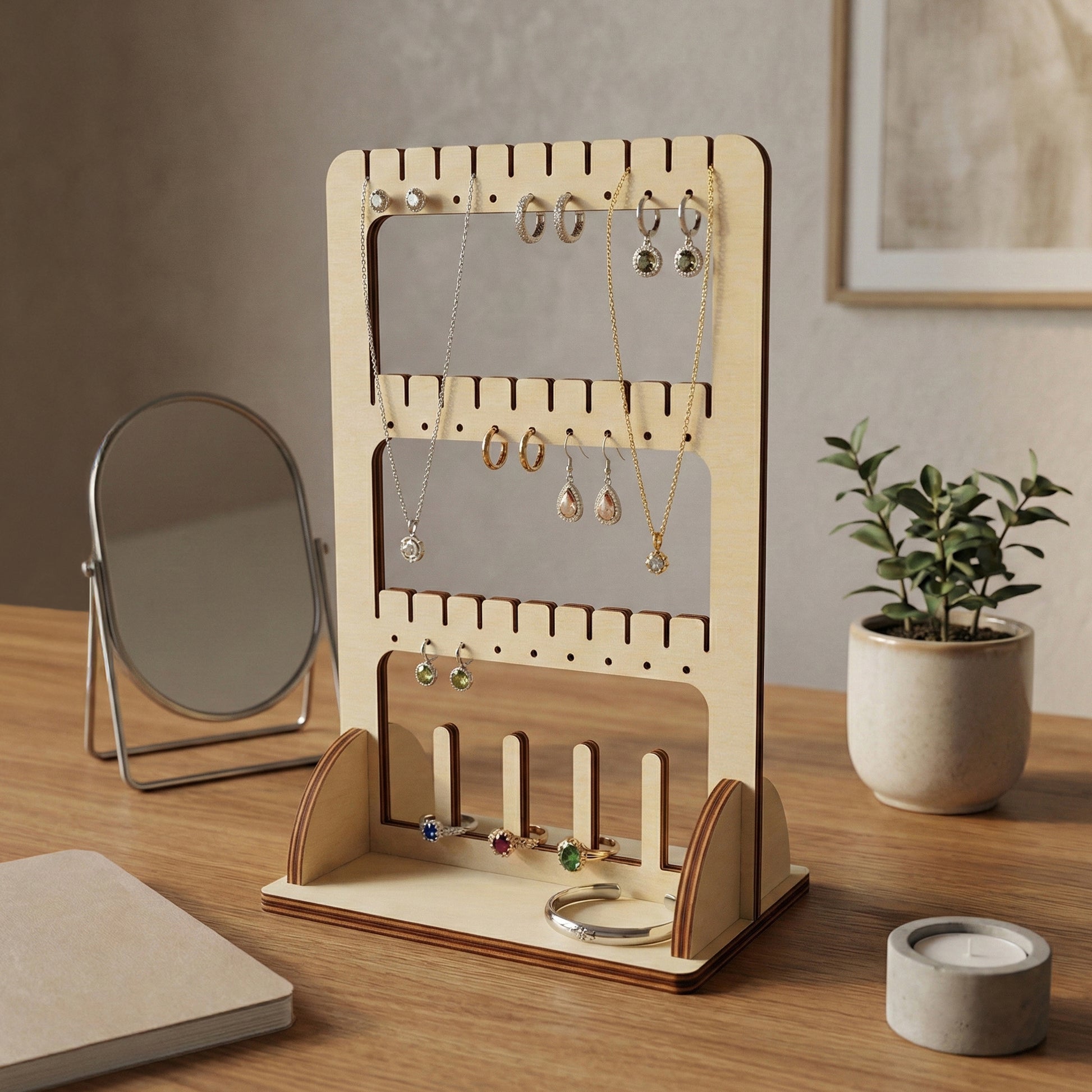 Natural light wood laser cut jewelry organizer featuring a framed mirror panel, dedicated earring rows, necklace hangers, and bracelet holders, on a cozy vanity table setting.