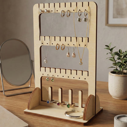 Laser cut wooden jewelry stand with multiple tiered hooks for earrings and necklaces, plus ring slots at the base, displayed on a light wooden desk background.