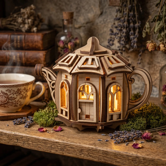 Wooden laser cut teapot-shaped lantern with warm glow on a wooden surface with books and flowers.