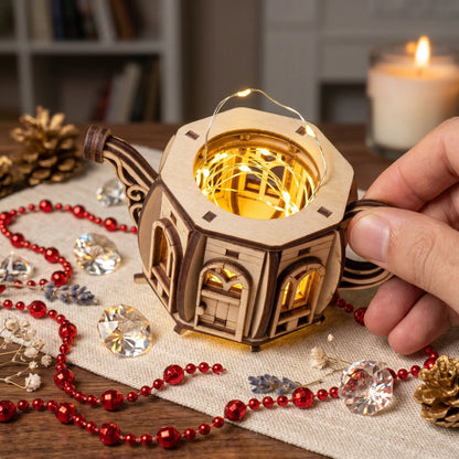 Wooden kettle trinket box with string lights held by a hand on a decorative surface with beads and crystals.