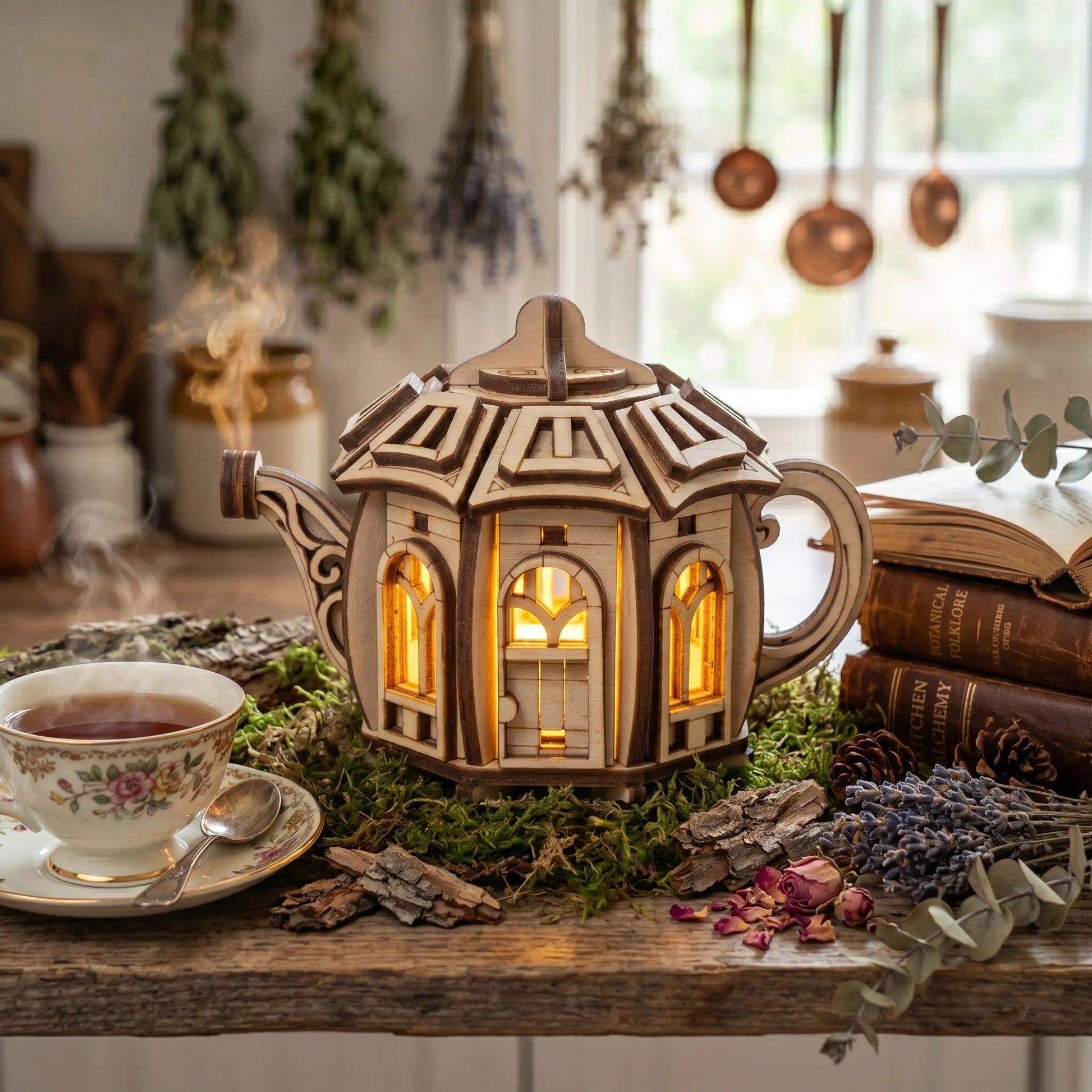 Decorative teapot-shaped lantern with a warm glow on a table with a cup of tea and books.