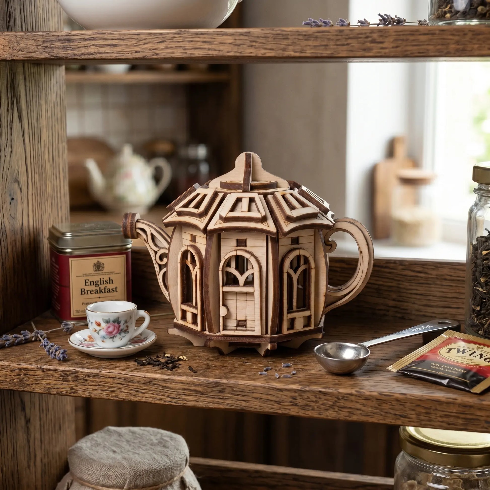 Wooden teapot laser cut model on a wooden shelf with tea-making items