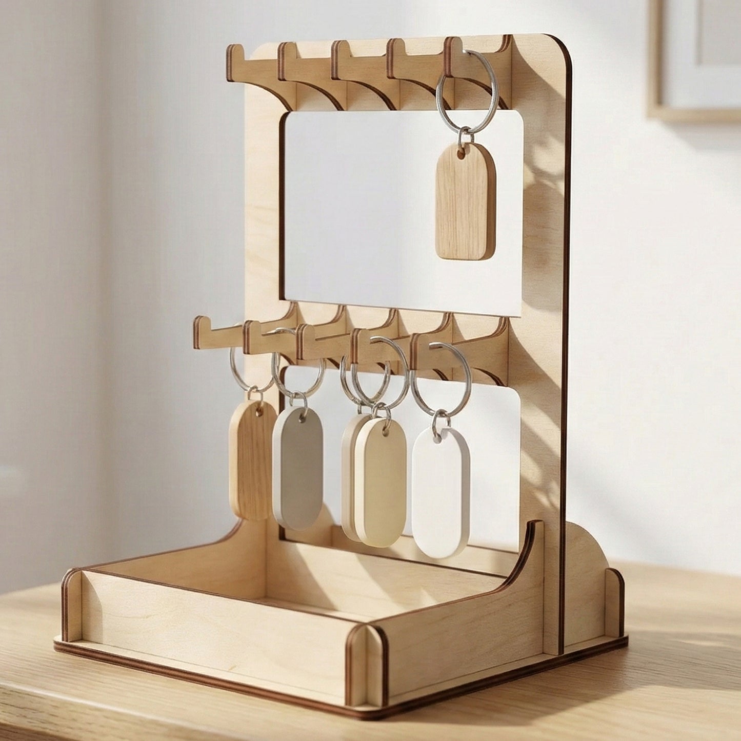 Laser cut wooden plywood keychain display stand on a light oak table in a bright Scandinavian interior. The minimalist birch plywood rack features two rows of hooks with neutral-toned blank keychains, showcasing a clean, professional retail setup with soft natural lighting.