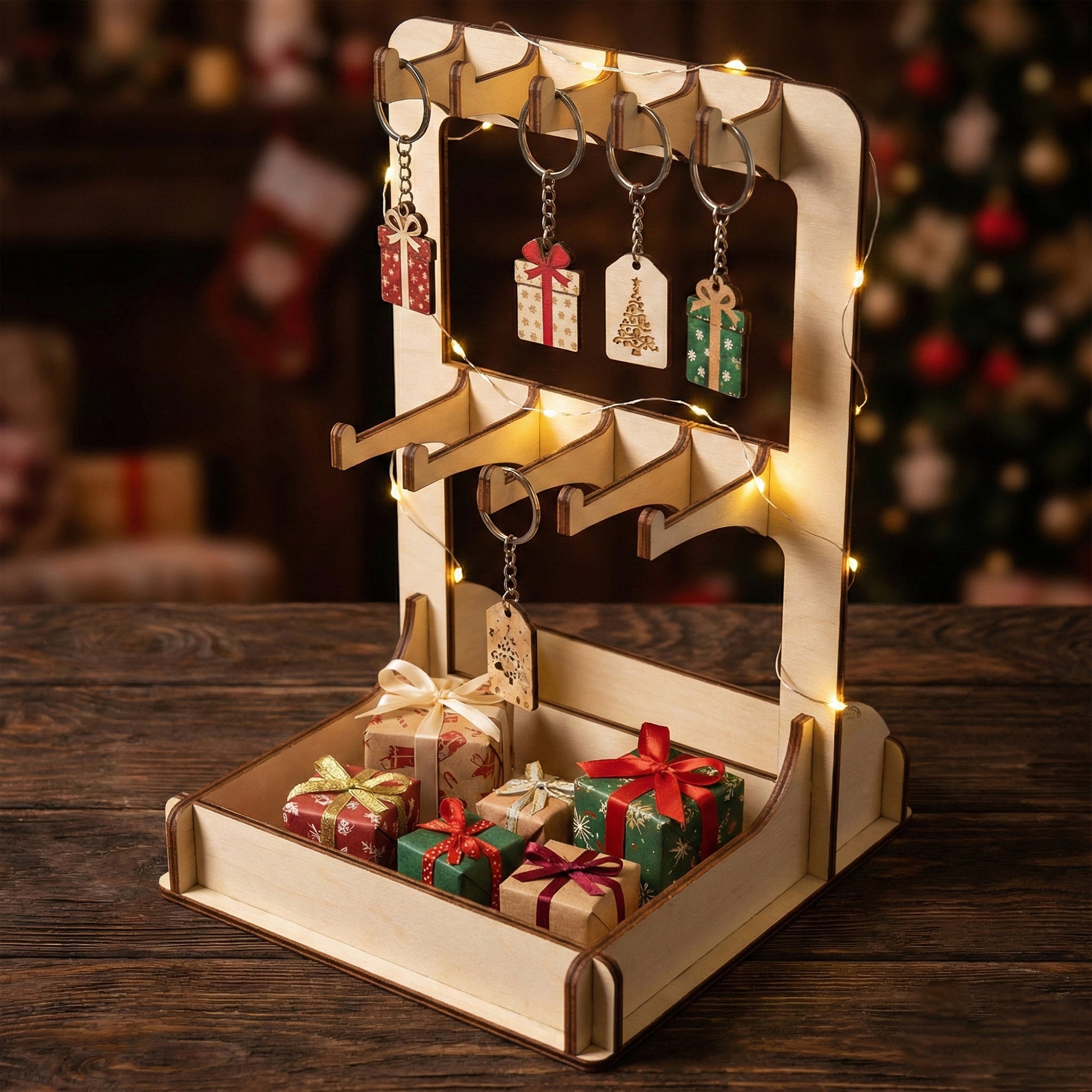 Two-tier laser cut wooden plywood  stand decorated with fairy lights for a holiday market. The display features Christmas-themed keychains shaped like presents and trees, with small wrapped gift boxes in the bottom tray against a blurred Christmas tree background.