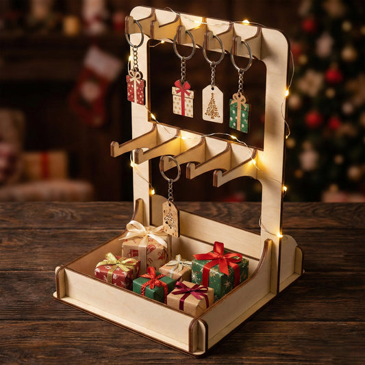 Two-tier laser cut wooden plywood  stand decorated with fairy lights for a holiday market. The display features Christmas-themed keychains shaped like presents and trees, with small wrapped gift boxes in the bottom tray against a blurred Christmas tree background.