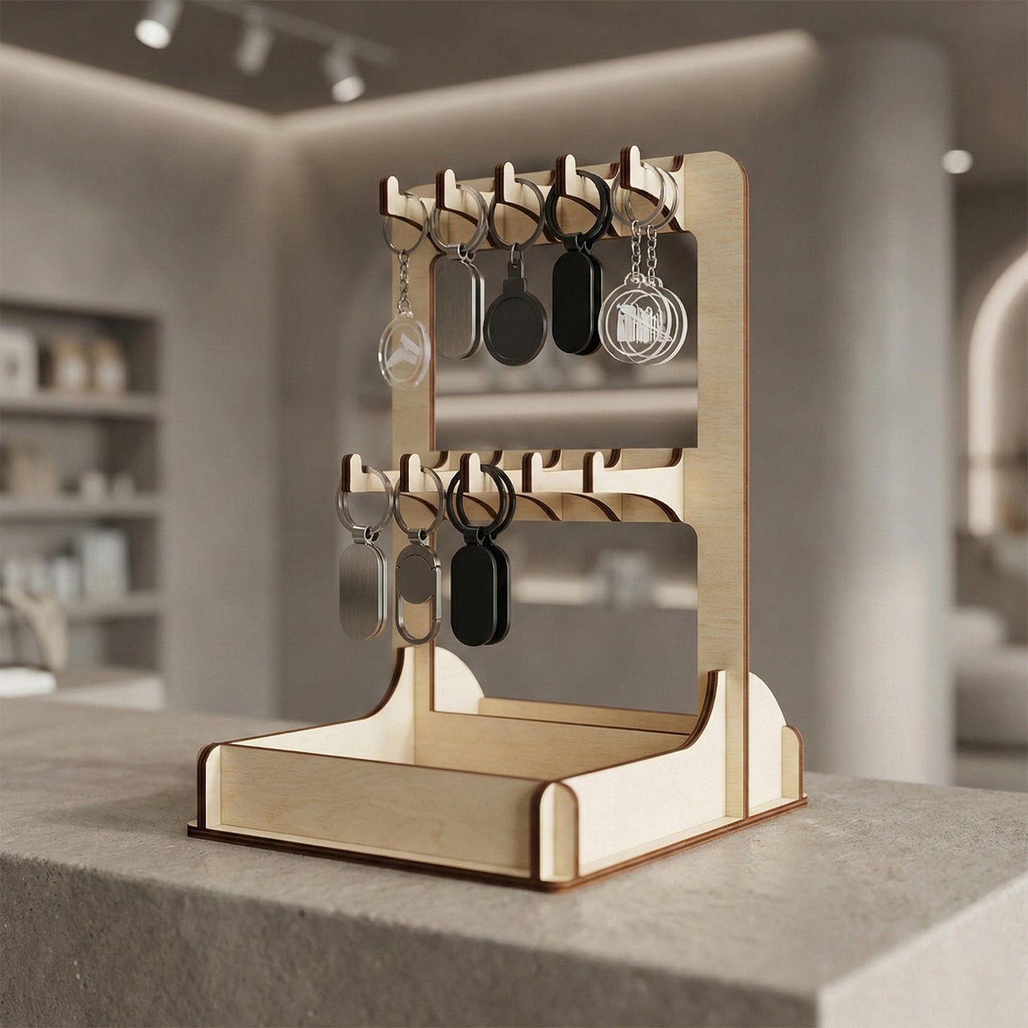 Professional laser cut plywood display rack for keychains on a concrete counter in a modern boutique. The stand holds various metallic and black keychains on its hooks, with a sturdy interlocking wood design ideal for high-end retail environments.