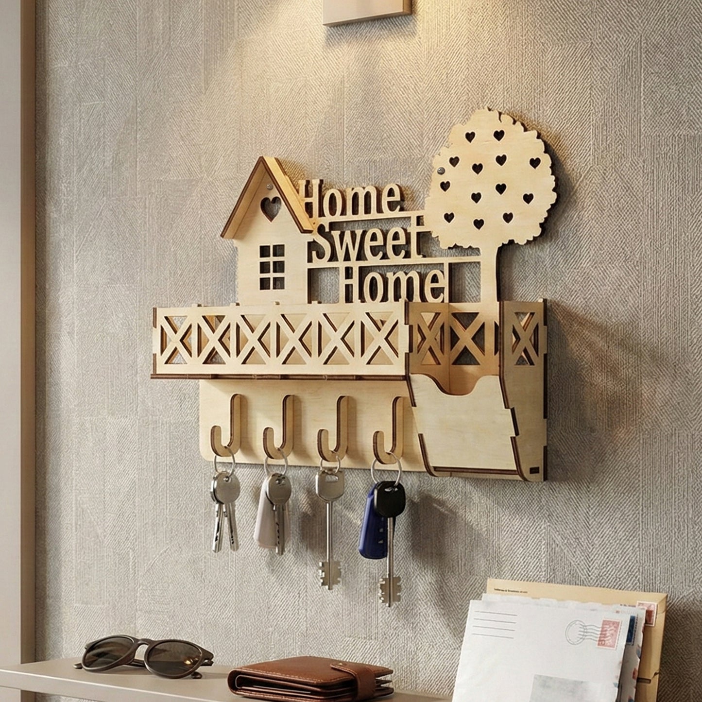Elegant laser cut wooden keyholder "Home Sweet Home" design with a stylized house shape, open lattice shelf, curved hooks for keys, and a delicate heart-motif tree, shown on a soft herringbone-patterned wall background.