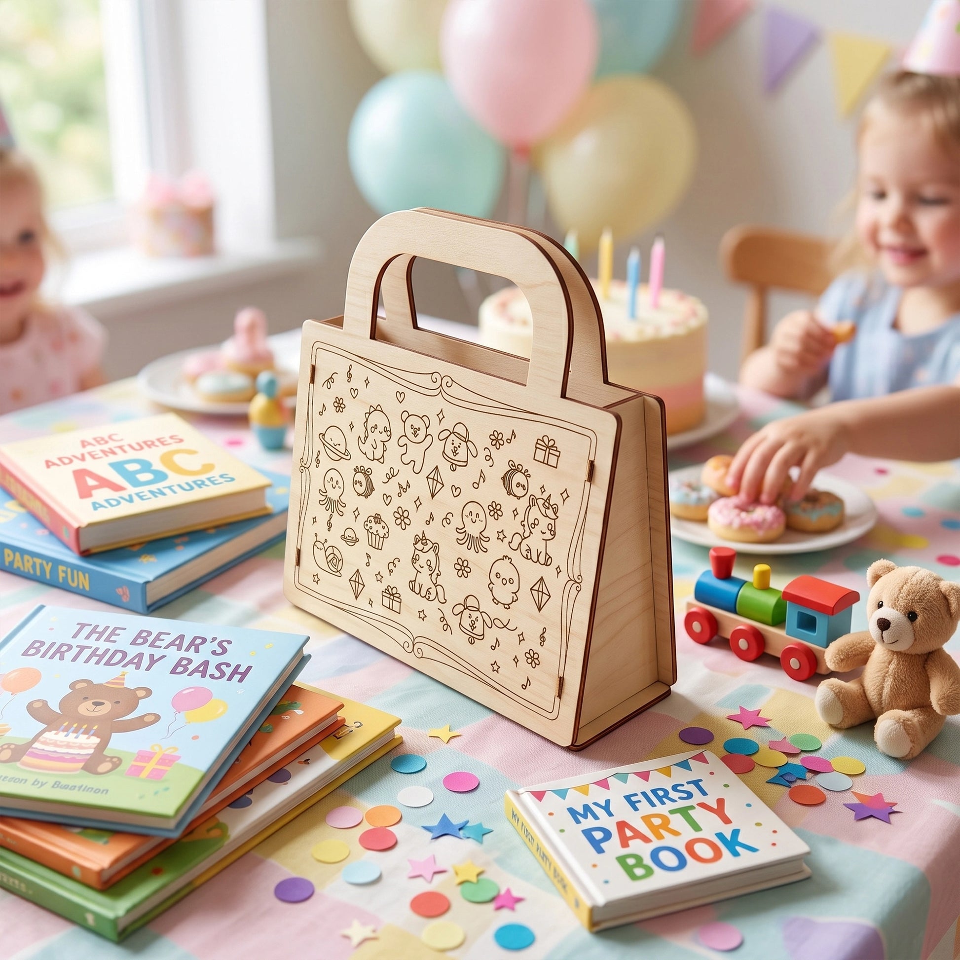 Laser cut plywood gift bag with cute animal engravings on a party table with books, cake, and a teddy bear.