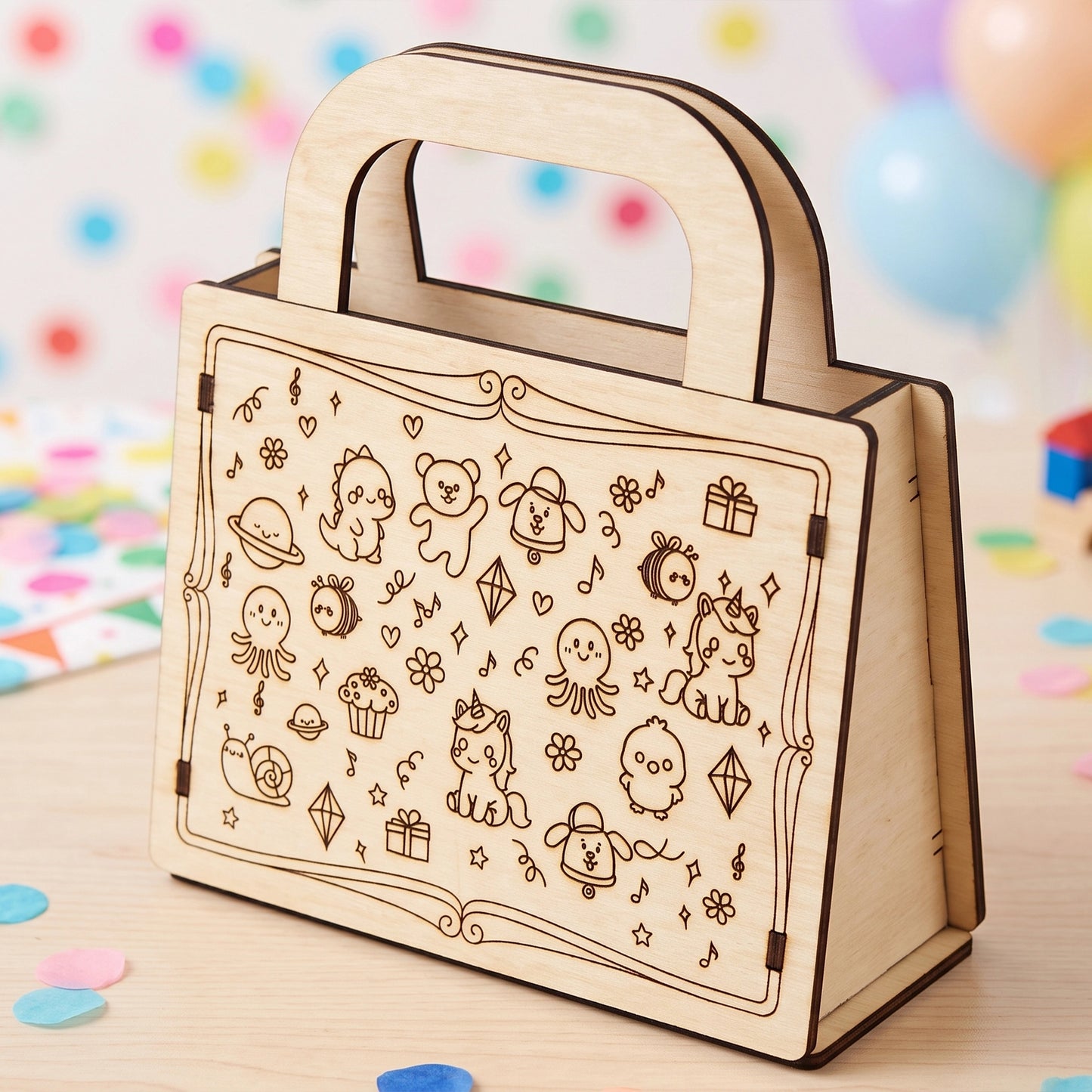 Decorative laser cut plywood children's gift bag featuring engraved unicorn and animal patterns.
