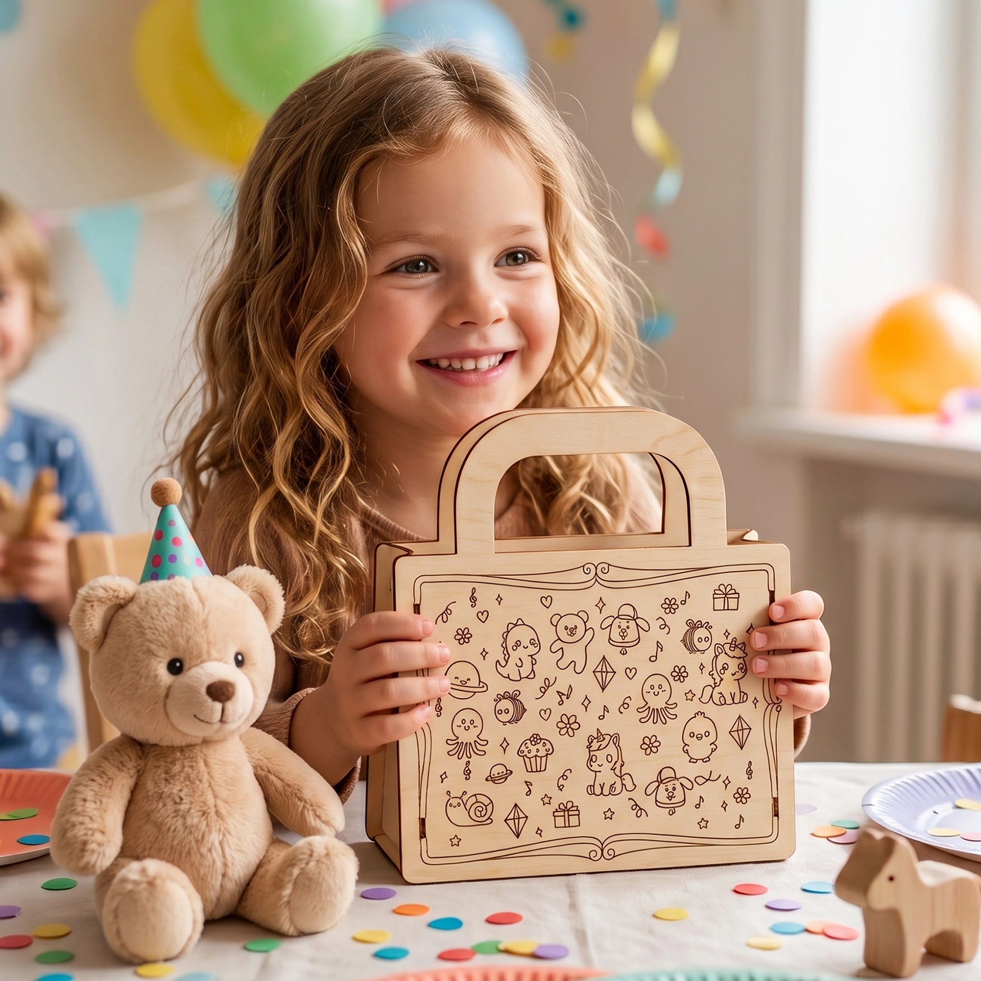 A smiling girl holding a laser cut plywood gift bag with cute animal engravings at a birthday party.