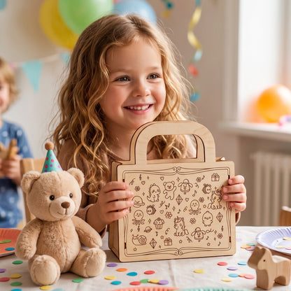 A smiling girl holding a laser cut plywood gift bag with cute animal engravings at a birthday party.
