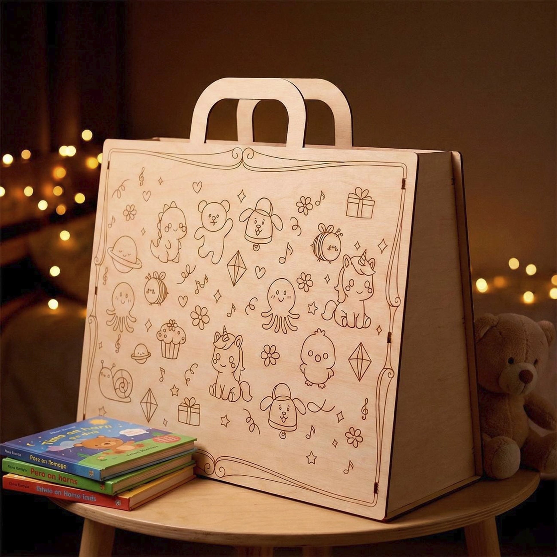 Laser cut plywood children's gift box with cute engravings, displayed on a side table with children's books.