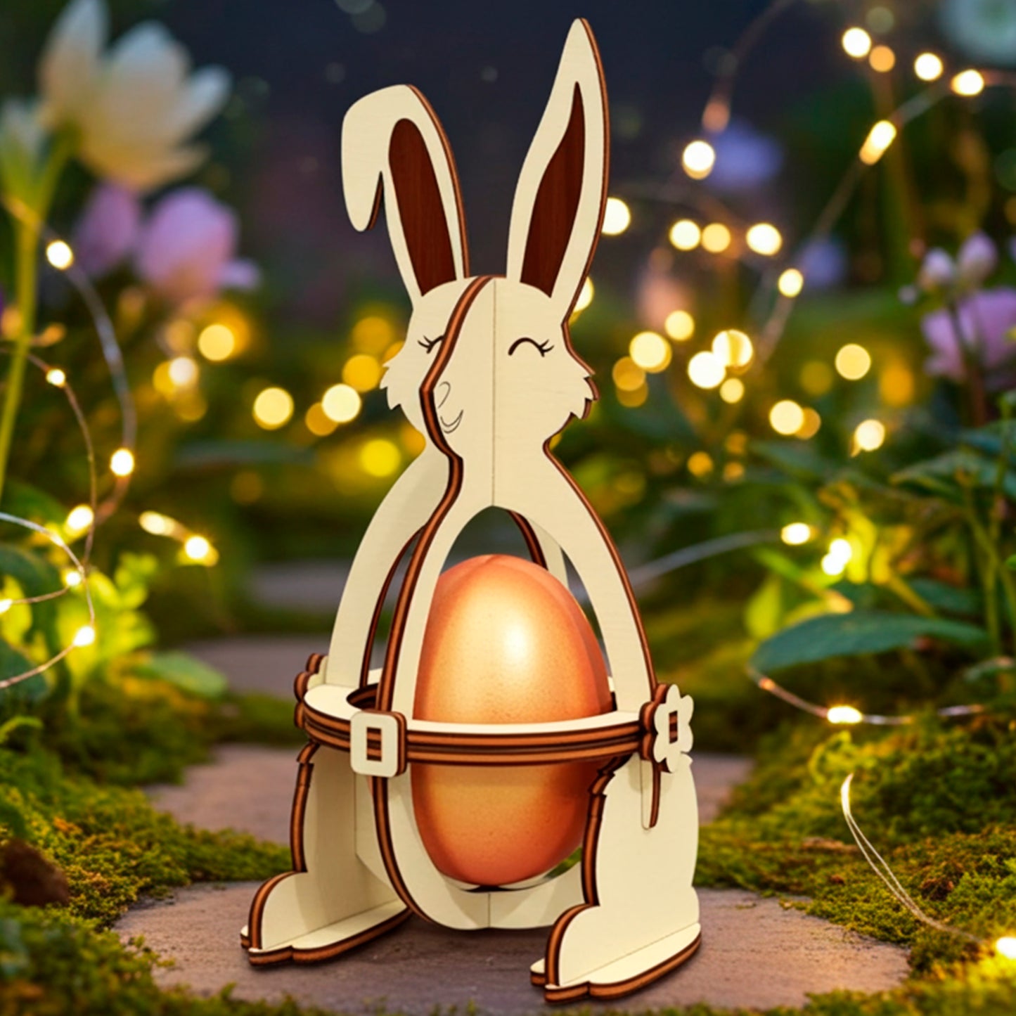 Laser cut plywood wooden Easter bunny egg holder standing on bright green moss, surrounded by small white spring flowers and colorful pastel-speckled eggs in natural outdoor lighting