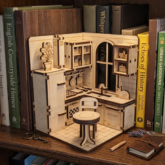 Wooden laser cut model of a miniature room on a bookshelf with books around
