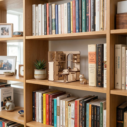 Wooden bookshelf with books and decorative items in a home setting