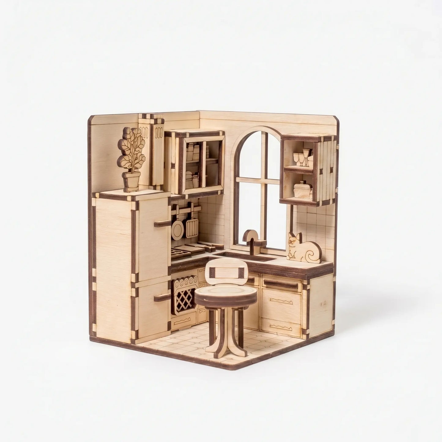 Wooden dollhouse kitchen set on a white background