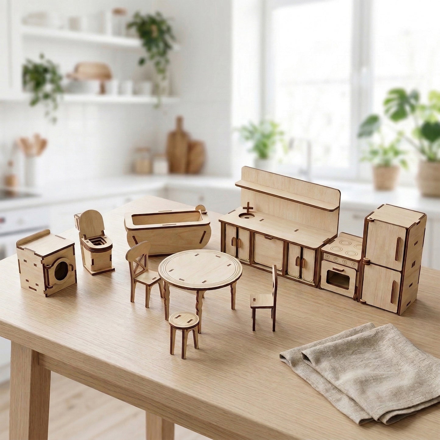 Miniature dollhouse kitchen furniture set made from light laser cut plywood. Includes a stove, sink, and cabinets arranged in an L-shape layout.