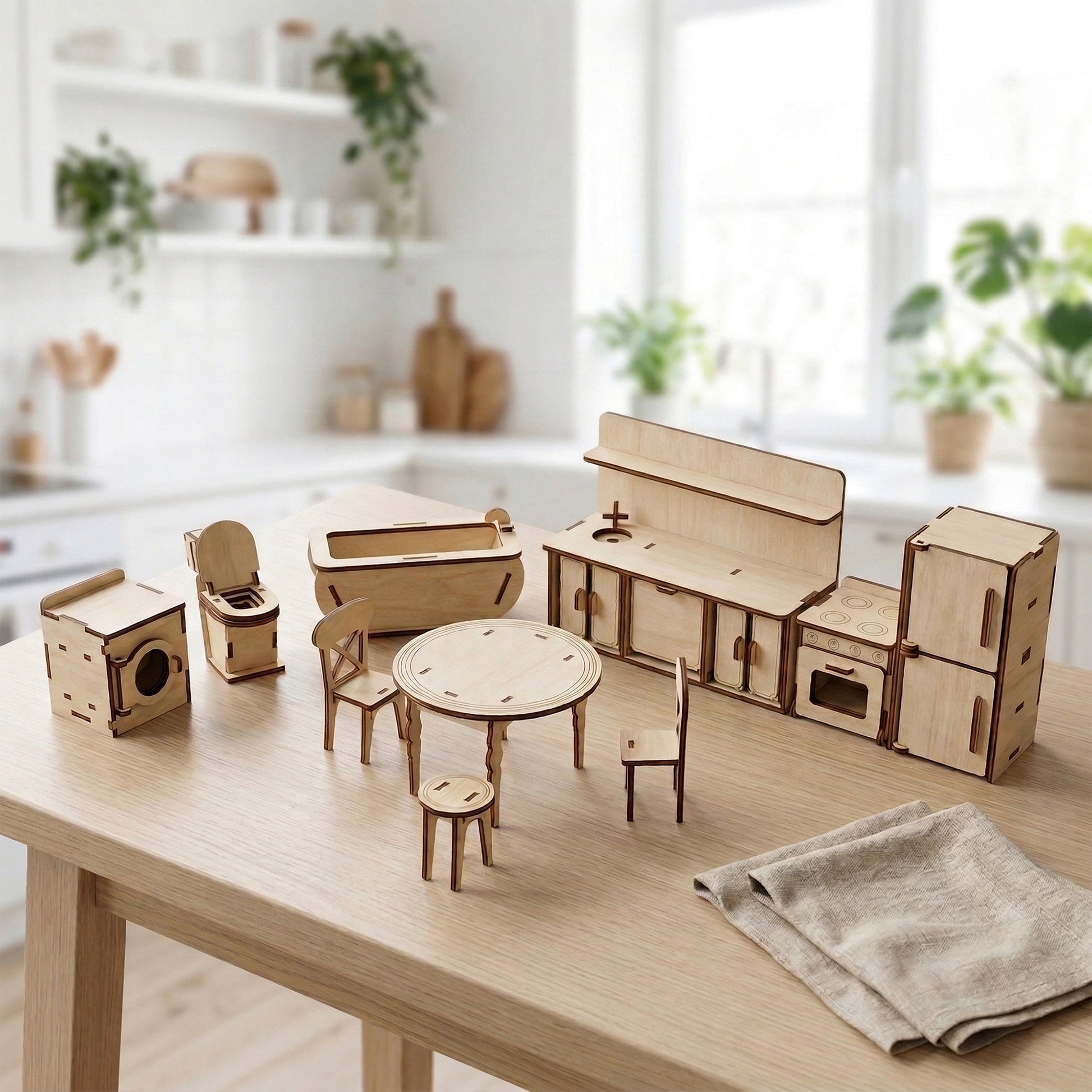 Miniature dollhouse kitchen furniture set made from light laser cut plywood. Includes a stove, sink, and cabinets arranged in an L-shape layout.