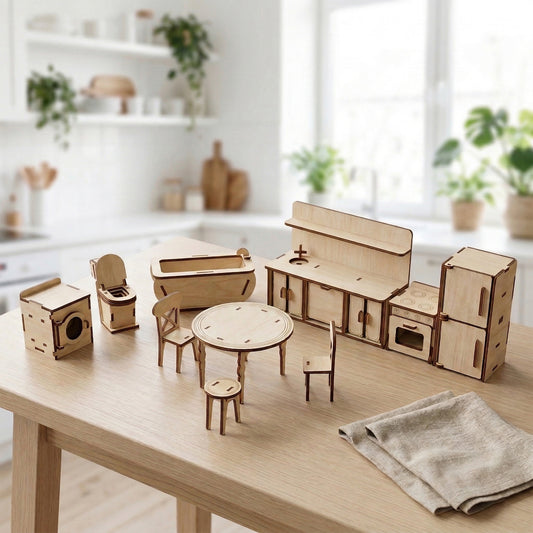 Miniature dollhouse kitchen furniture set made from light laser cut plywood. Includes a stove, sink, and cabinets arranged in an L-shape layout.