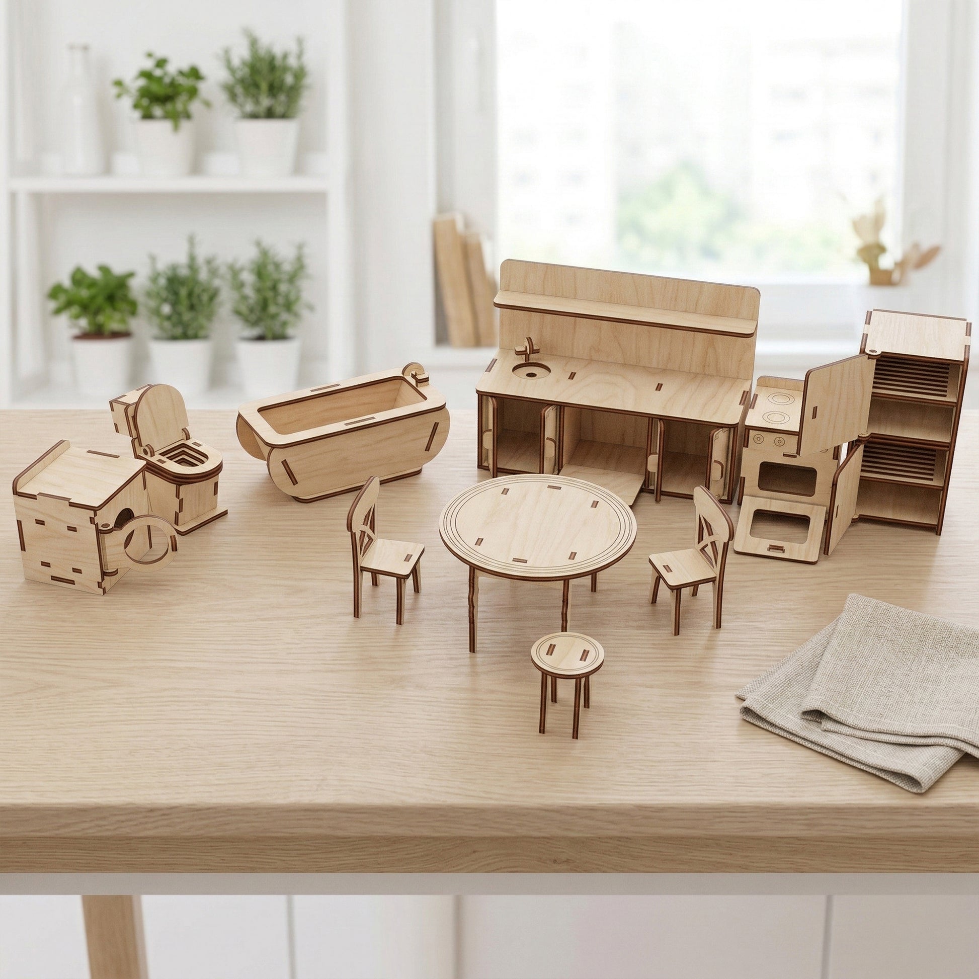 Close-up of a dollhouse stove made of laser cut plywood. Features detailed engraved burners, a small oven door with a handle, and precise edges.