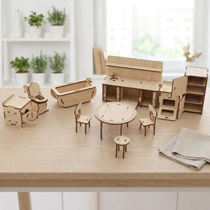 Close-up of a dollhouse stove made of laser cut plywood. Features detailed engraved burners, a small oven door with a handle, and precise edges.