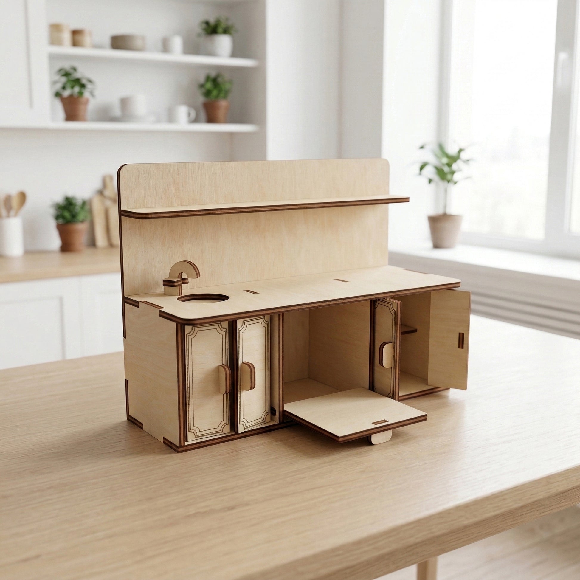 Detailed dollhouse kitchen unit crafted from laser cut plywood. Features a sink with a faucet, an upper shelf, and lower cabinets with opening doors. The light wood grain is visible, accented by dark edges and etched panel details on the doors.