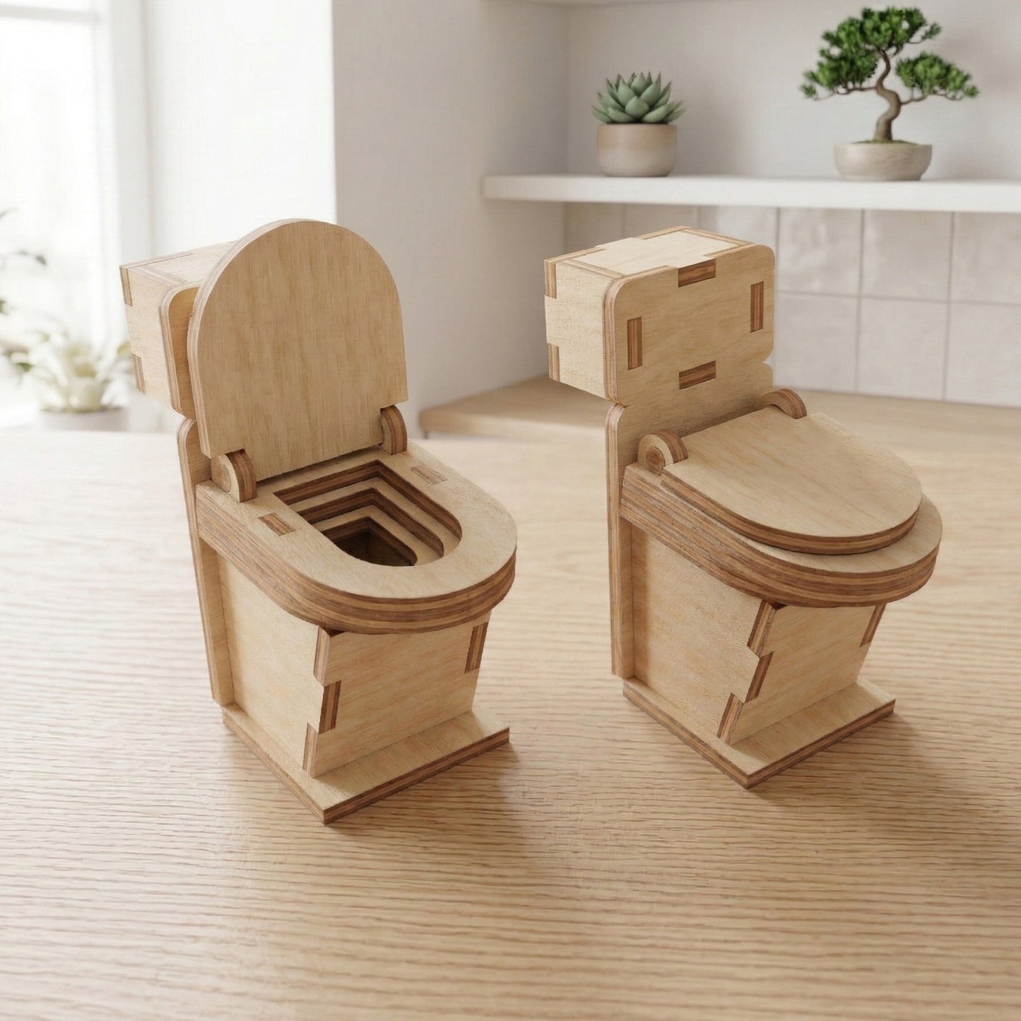 Two miniature dollhouse toilets made of laser cut plywood. One has the lid open, showing internal layered wood rings; the other has the lid closed. Both feature detailed finger-joint construction and sit on a light wood grain surface