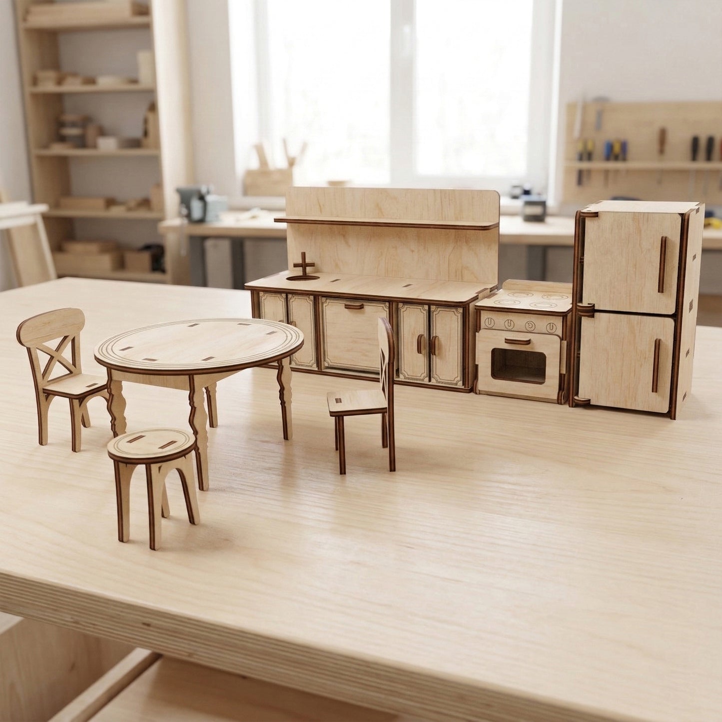 Close-up of dollhouse kitchen furniture featuring laser cut plywood details. Shows intricate cutouts for cabinet doors, stove knobs, and shelf compartments. The natural wood grain is visible, highlighting the craftsmanship of the miniature set.