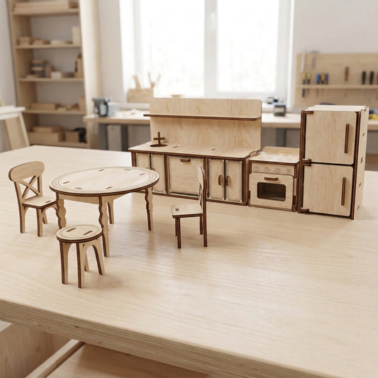 Close-up of dollhouse kitchen furniture featuring laser cut plywood details. Shows intricate cutouts for cabinet doors, stove knobs, and shelf compartments. The natural wood grain is visible, highlighting the craftsmanship of the miniature set.