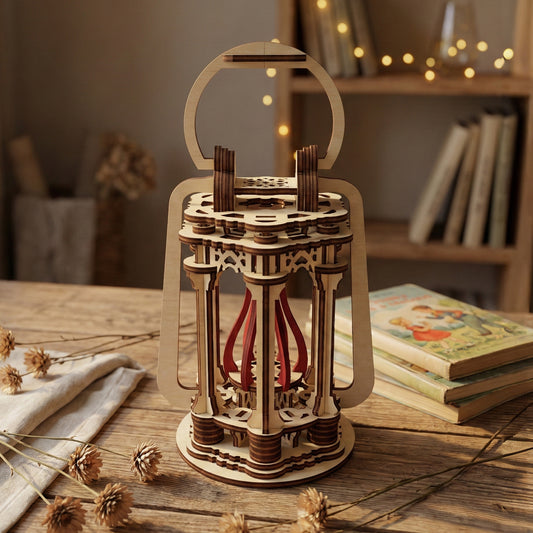 Elegant laser cut wooden Lantern with tall arched handle, multi-layered column design, and flowing red ribbons inside, presented against a blurred cozy room background with string lights.